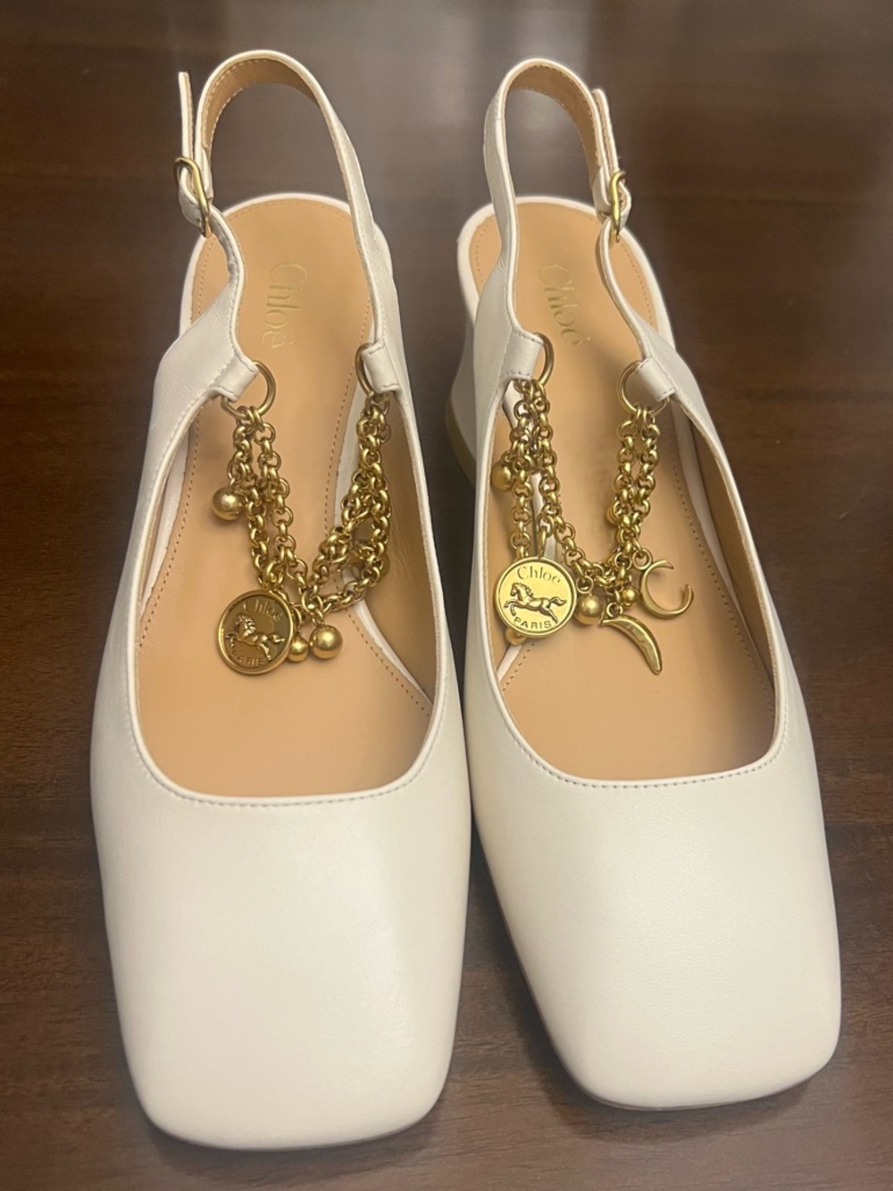 Chloe Cream Leather Slingback Flats with Gold Charm Chain